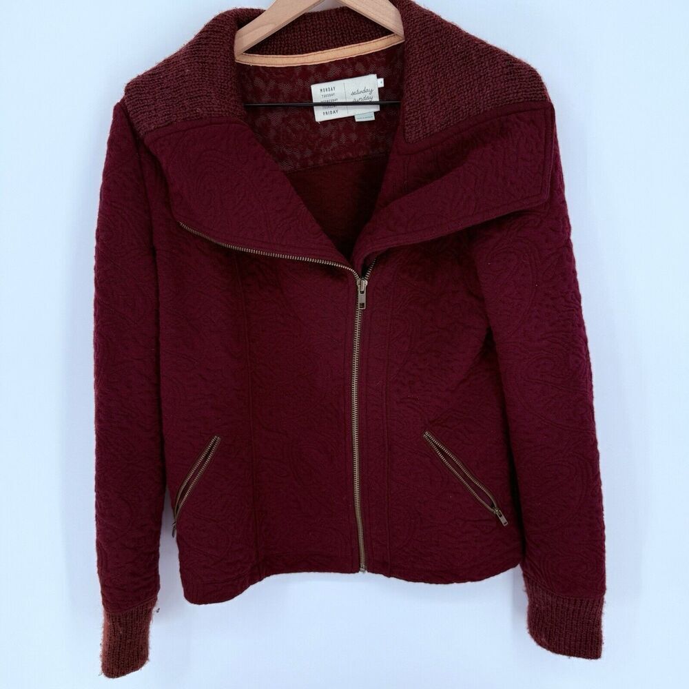 Saturday Sunday Bomber Jacket M Women’s Maroon Full Zip Moto Anthropologie